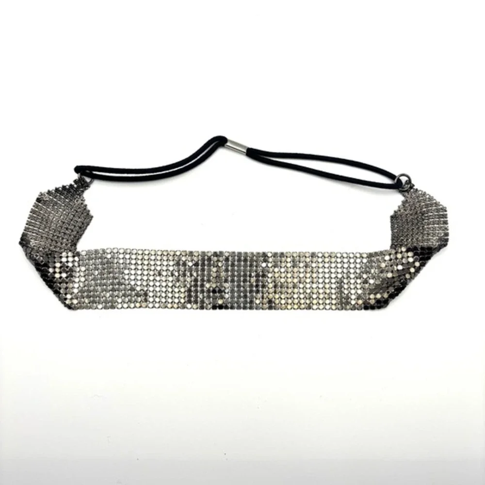 Vintage Goody Silver Metal Mesh Elastic Headband Glam Rock Retro 80s